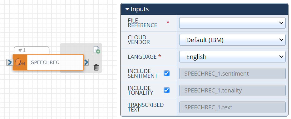 On the left the Speech Recognition action on a blank board, and on the right the Speech Recognition Inputs on the Configuration Panel